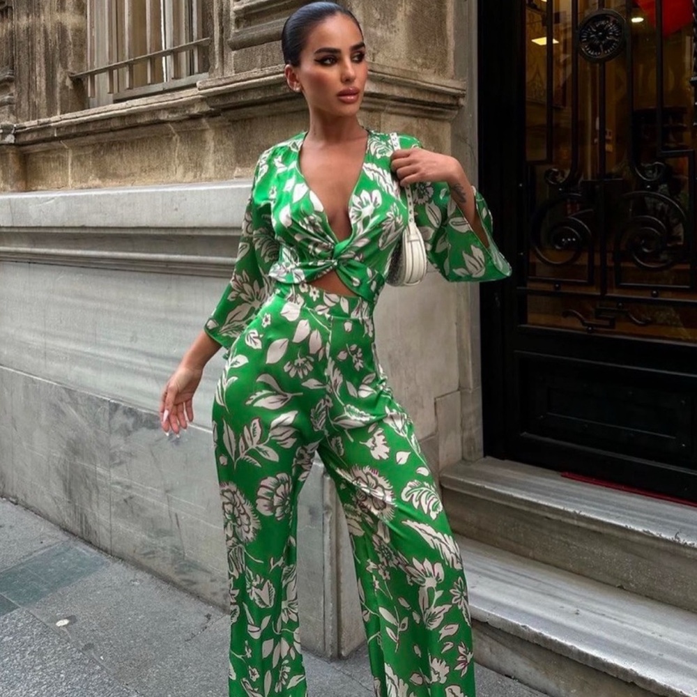 Zara Green Floral Wide-Leg Jumpsuit